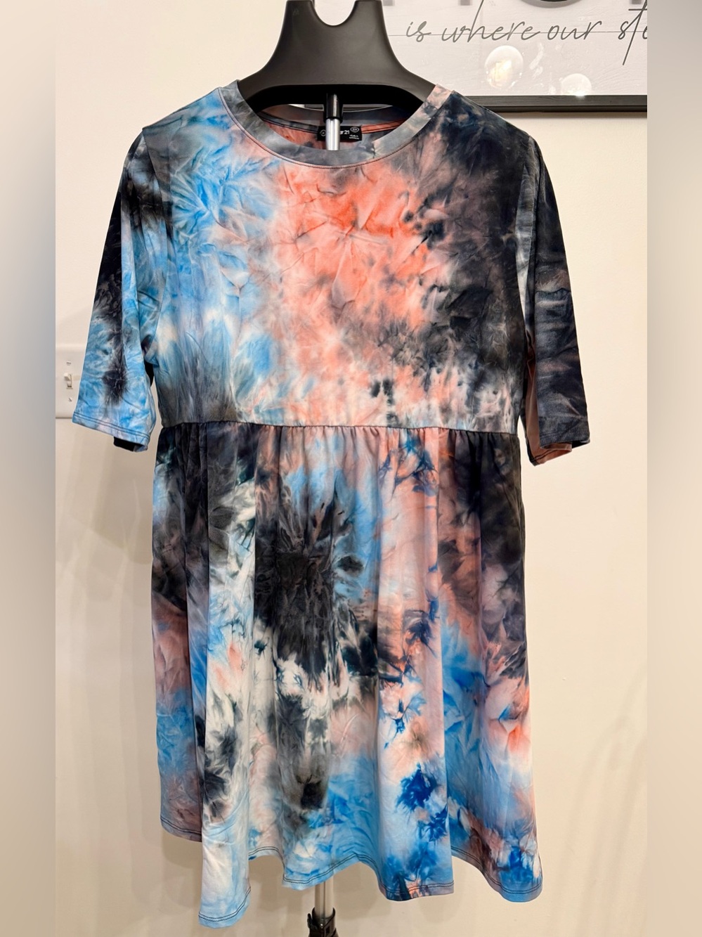 Tie-Dye Mini Dress in Blue, Coral & Black — Casual Short Sleeve